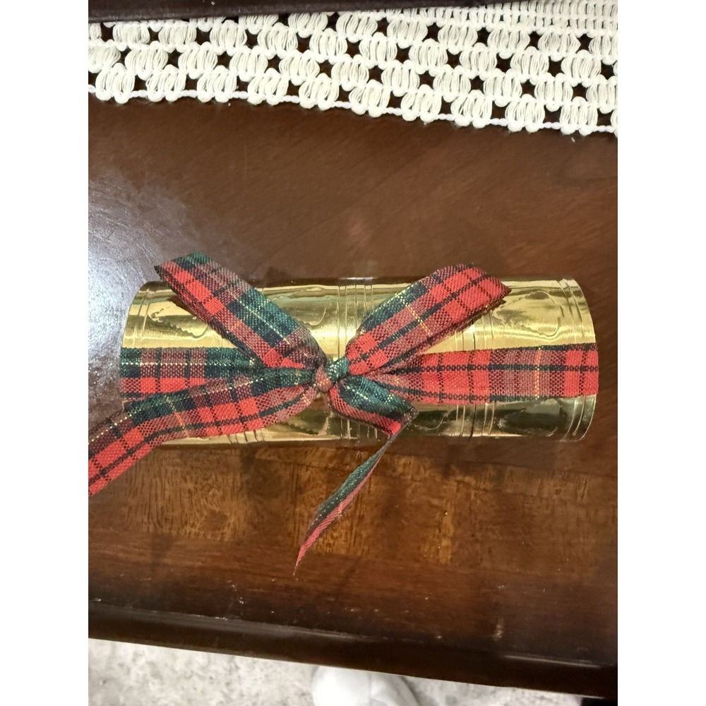 Solid Brass Napkin Rings Set of Four in Box Crowning Touch Scottish Plaid NOS